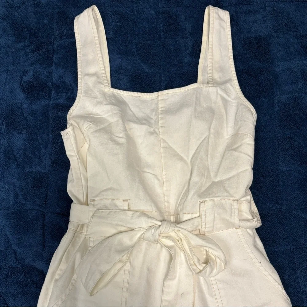 American Eagle Women White Denim Strappy Tie Belt Jumpsuit - Picture 5 of 9